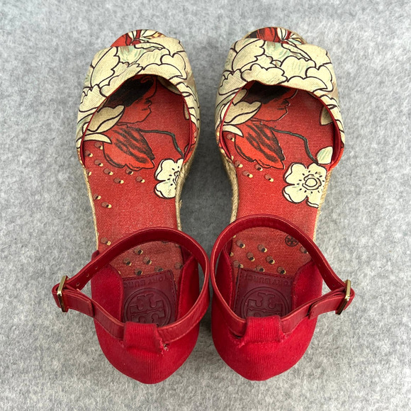 Tory Burch Sherri Floral Platform Espadrille Wedge Sandal - Red/White -Women 9 - Picture 8 of 10
